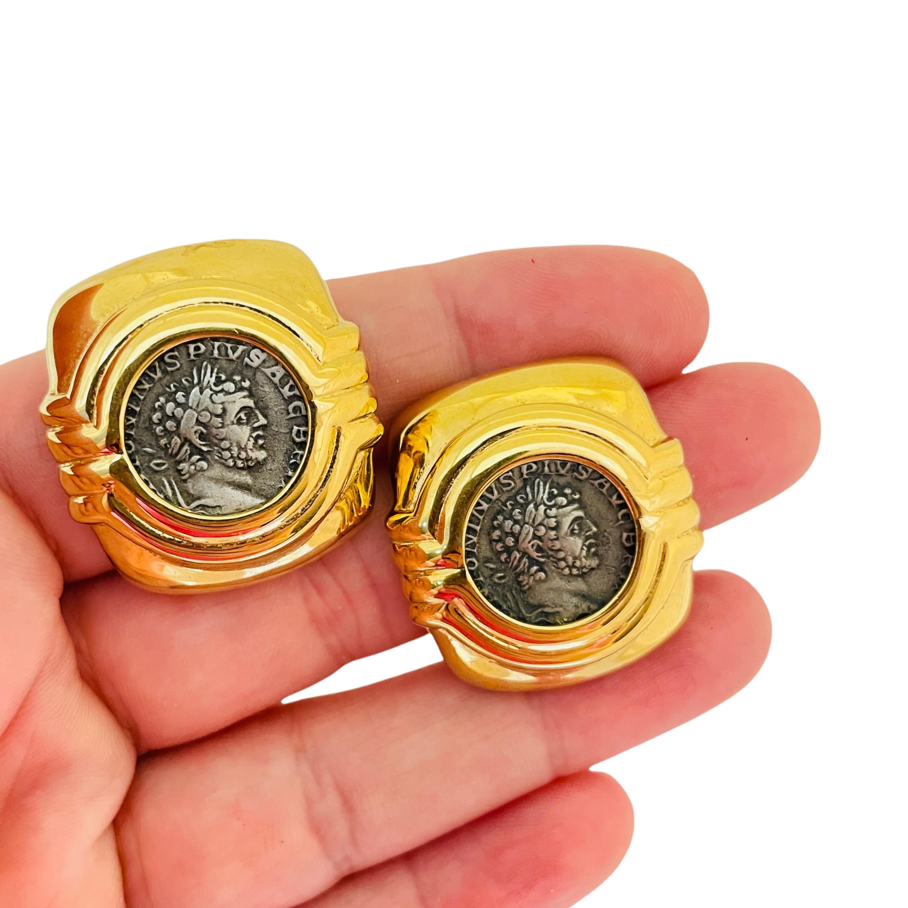 Vintage gold silver coin designer runway clip on earrings For Sale 1