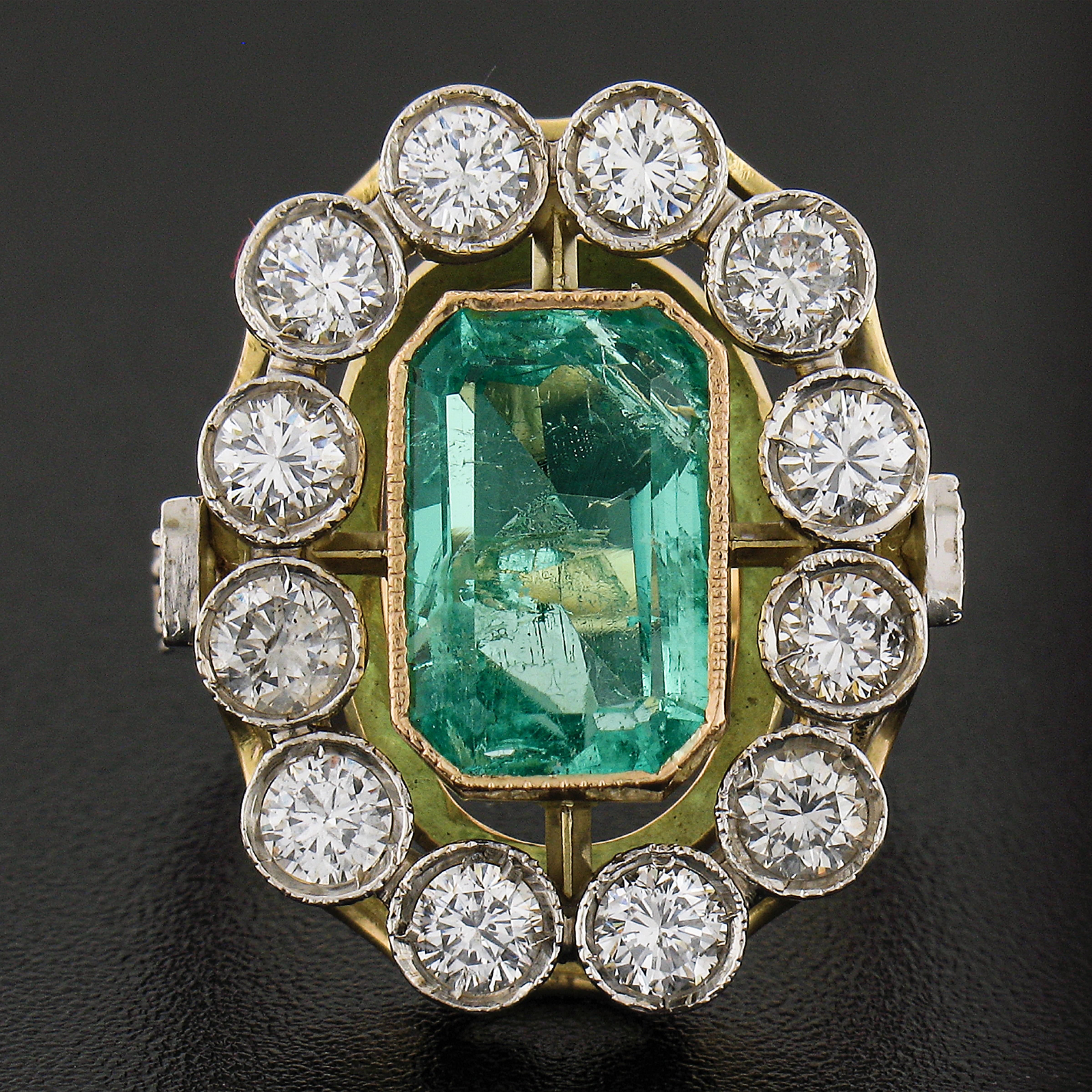 Emerald Cut Vintage Gold & Silver Colombian GIA Bezel Emerald & Diamond Large Cocktail Ring