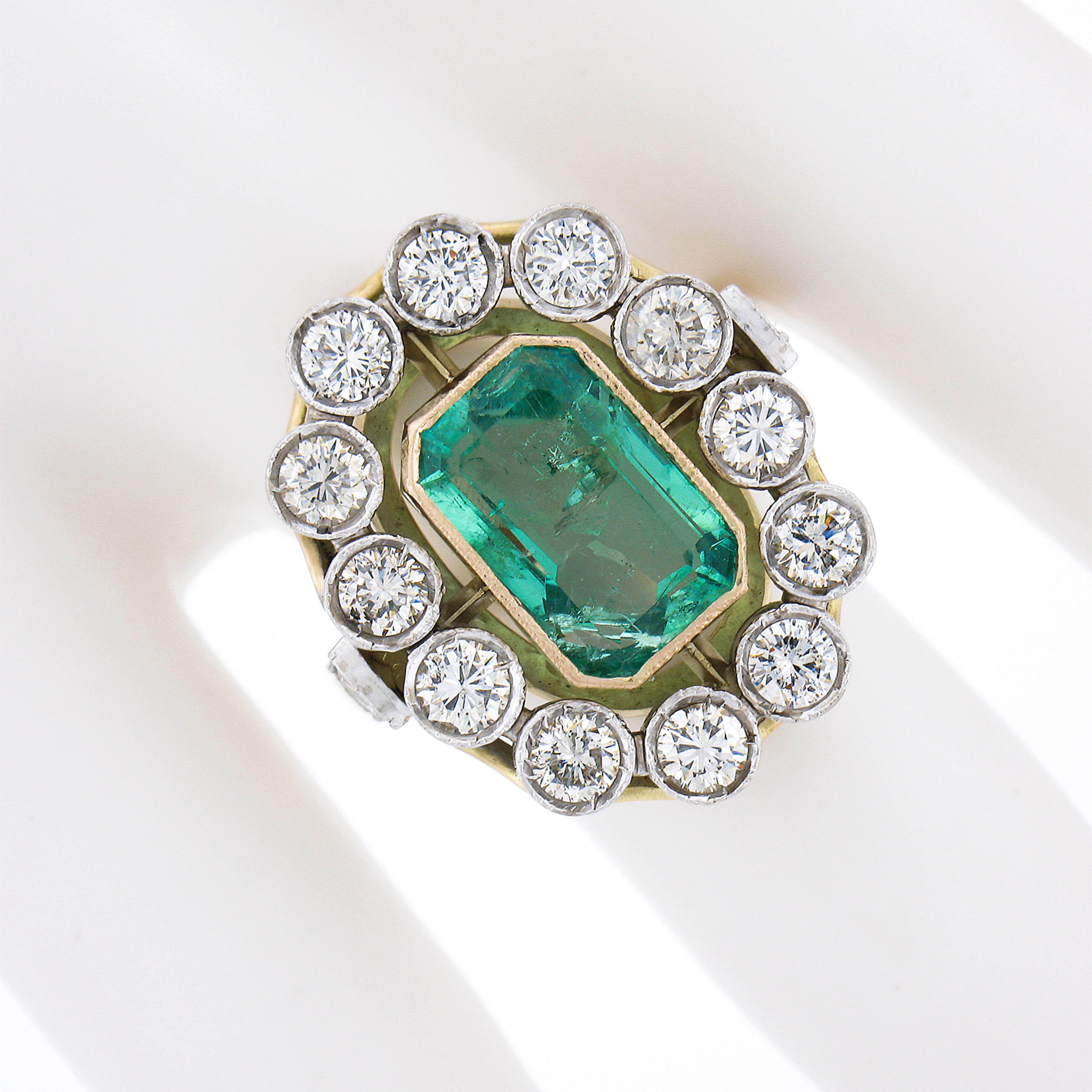Vintage Gold & Silver Colombian GIA Bezel Emerald & Diamond Large Cocktail Ring In Excellent Condition In Montclair, NJ