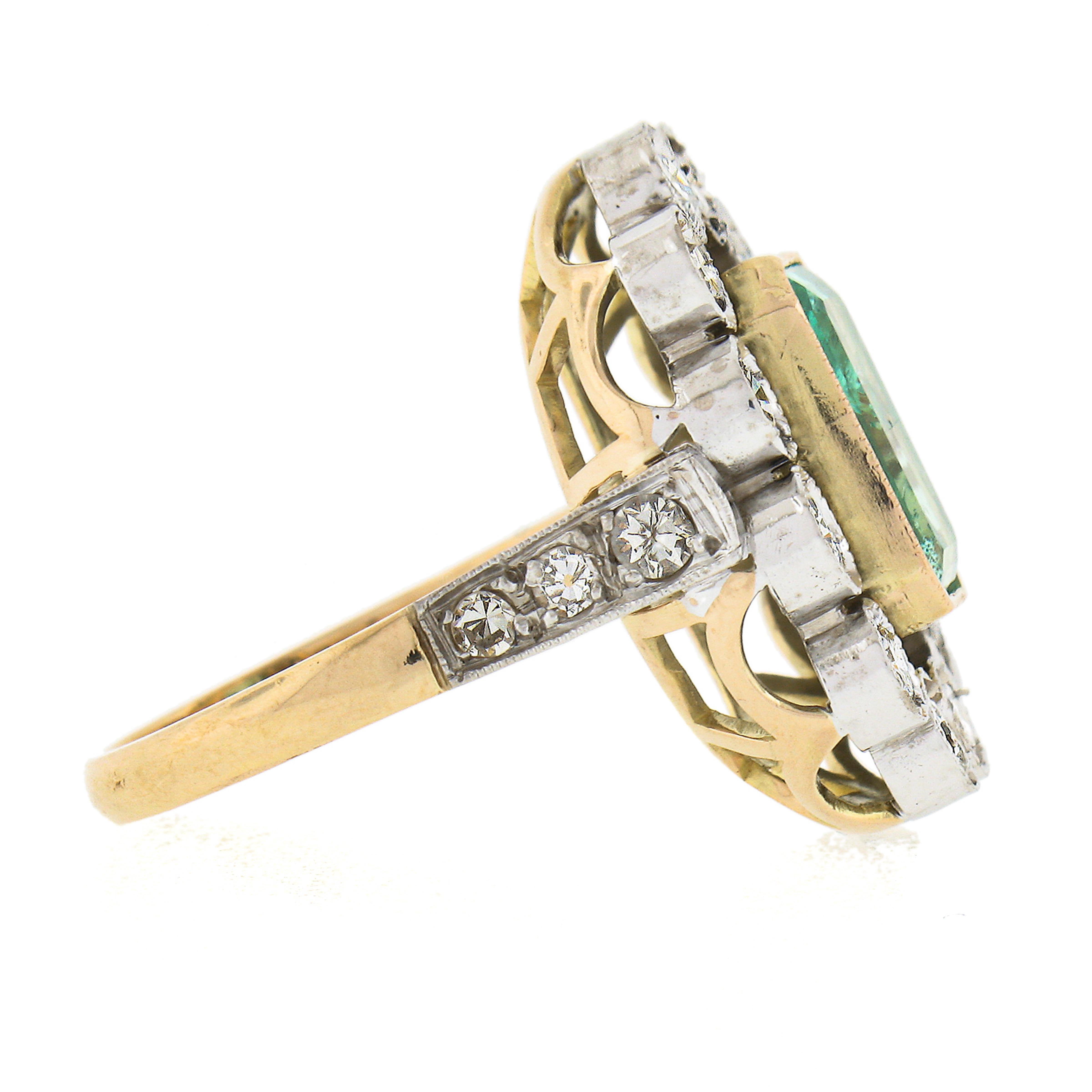 Women's Vintage Gold & Silver Colombian GIA Bezel Emerald & Diamond Large Cocktail Ring
