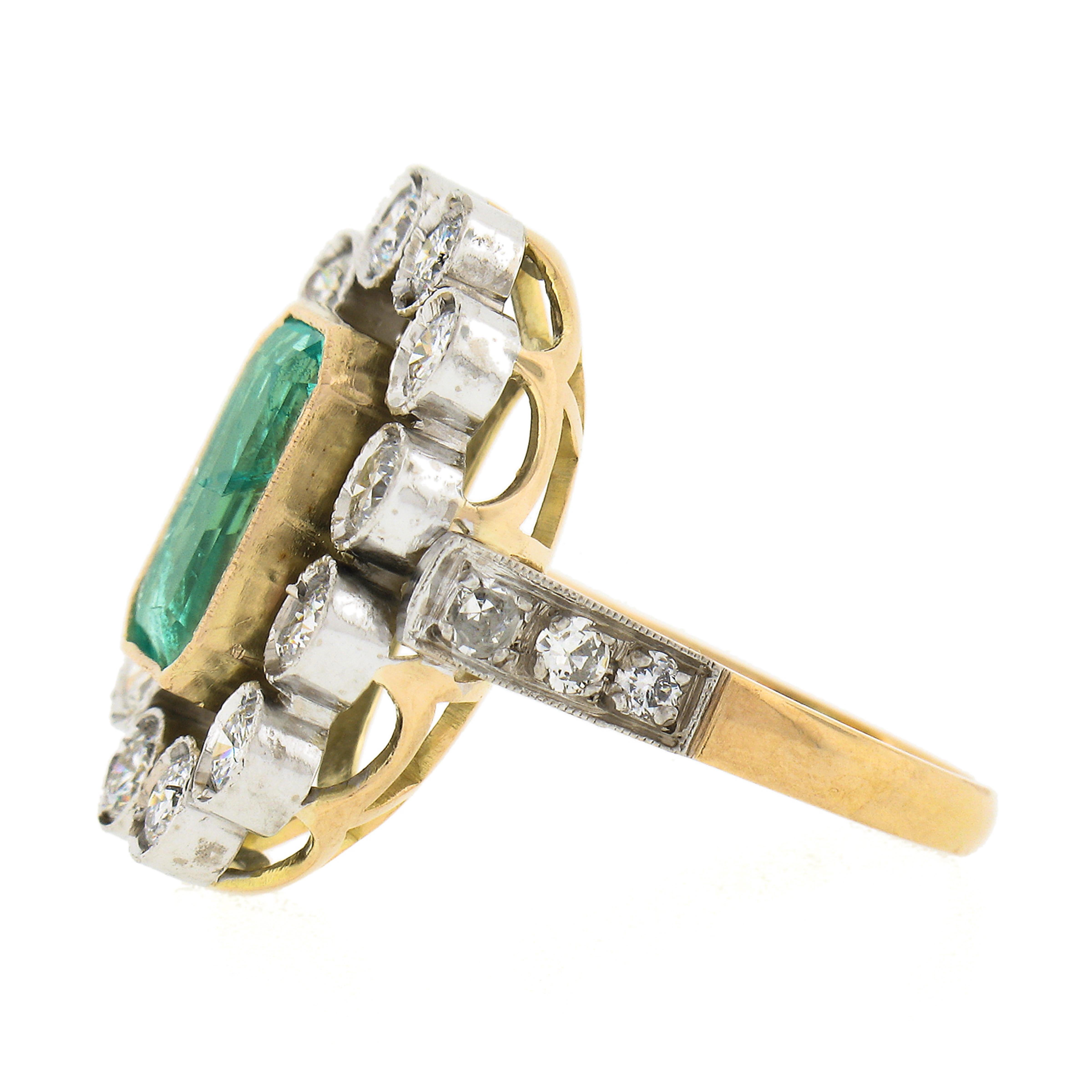 Vintage Gold & Silver Colombian GIA Bezel Emerald & Diamond Large Cocktail Ring 1