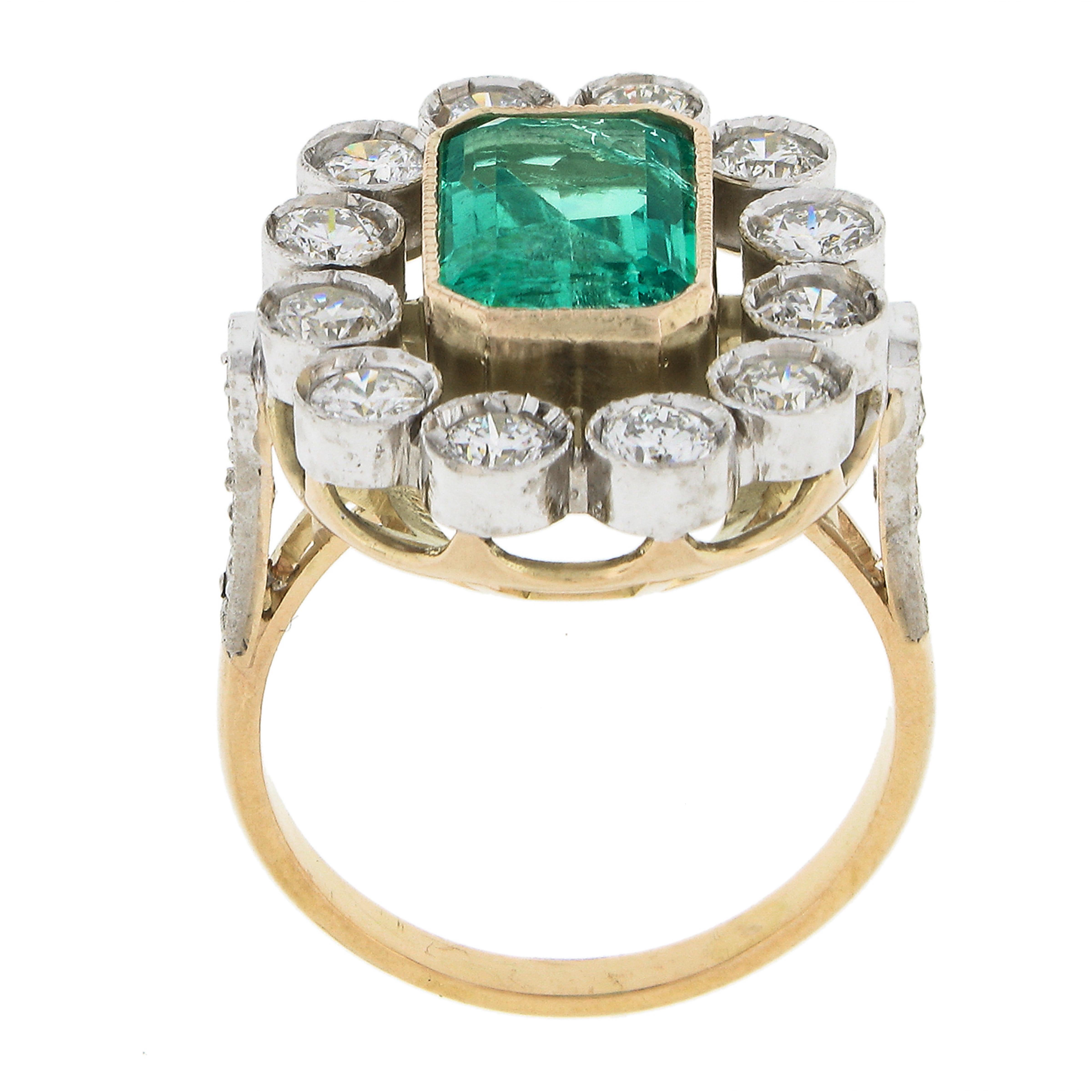 Vintage Gold & Silver Colombian GIA Bezel Emerald & Diamond Large Cocktail Ring 3