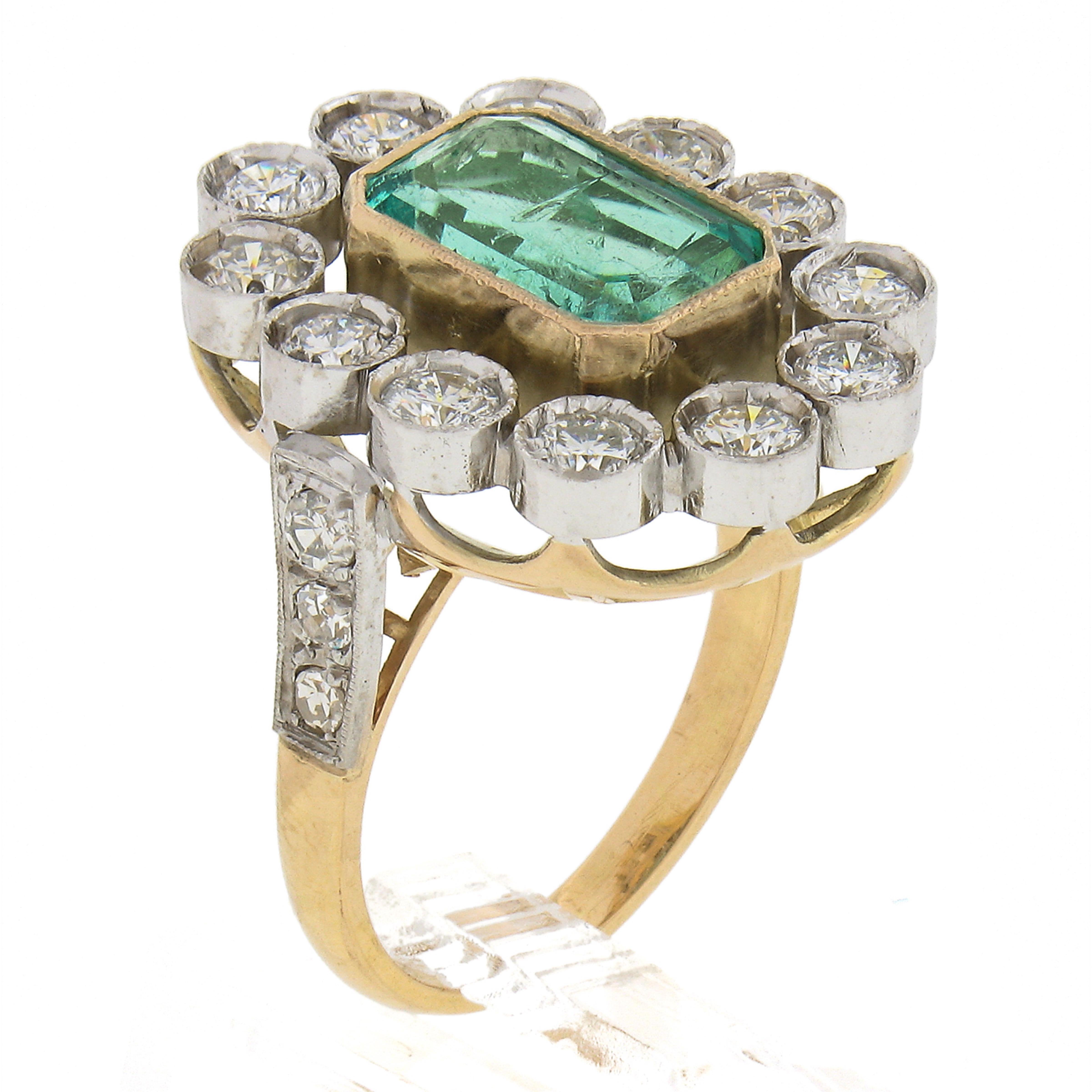 Vintage Gold & Silver Colombian GIA Bezel Emerald & Diamond Large Cocktail Ring 4