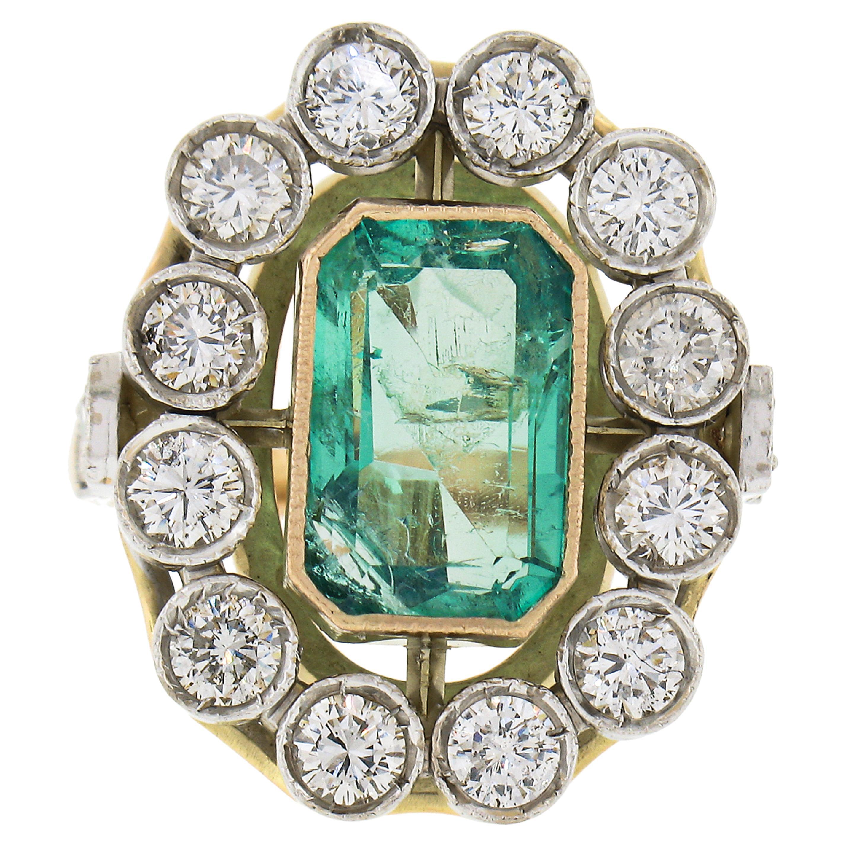 Vintage Gold & Silver Colombian GIA Bezel Emerald & Diamond Large Cocktail Ring