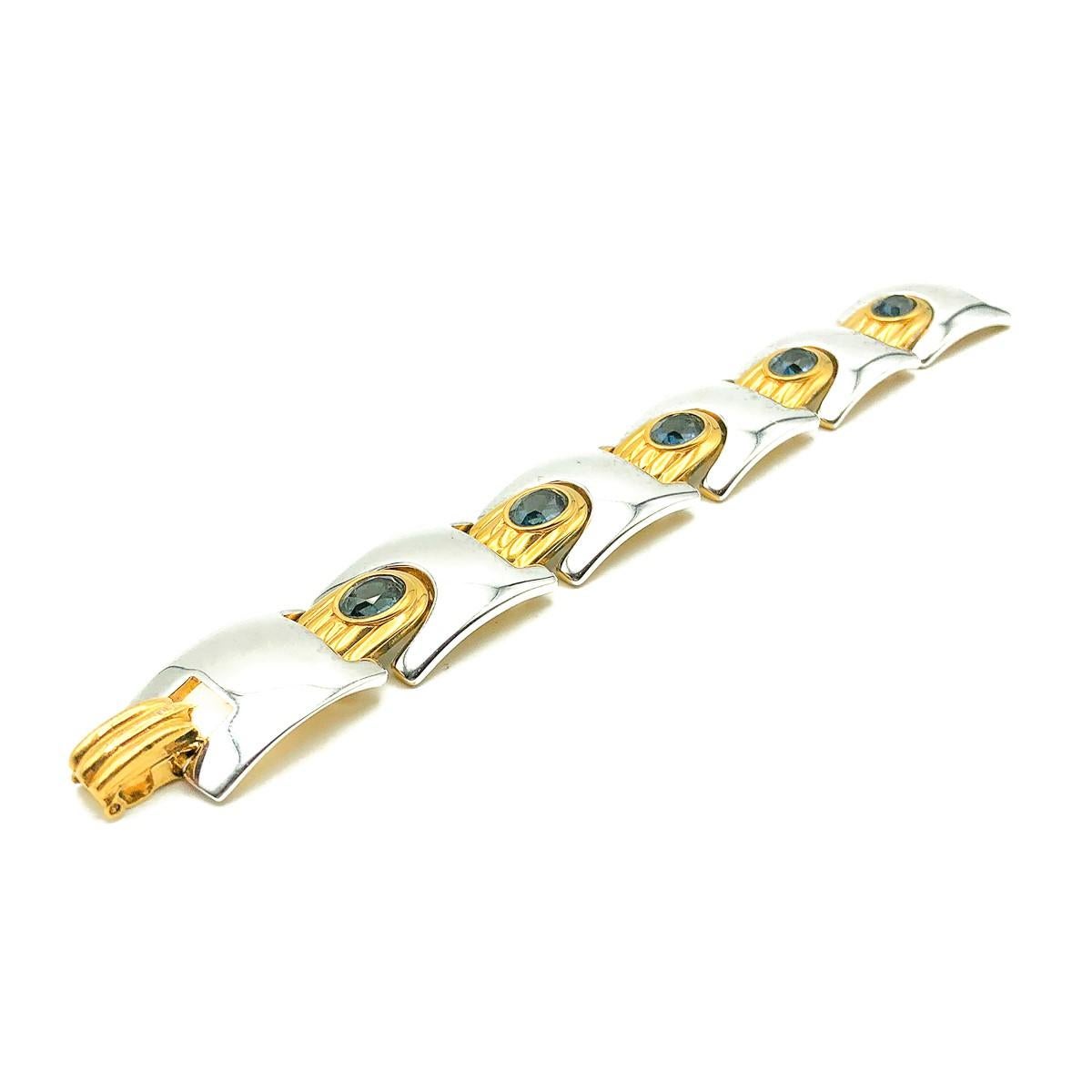 Vintage Gold & Silver Modernist Sapphire Crystal Bracelet 1980s In Good Condition For Sale In Wilmslow, GB