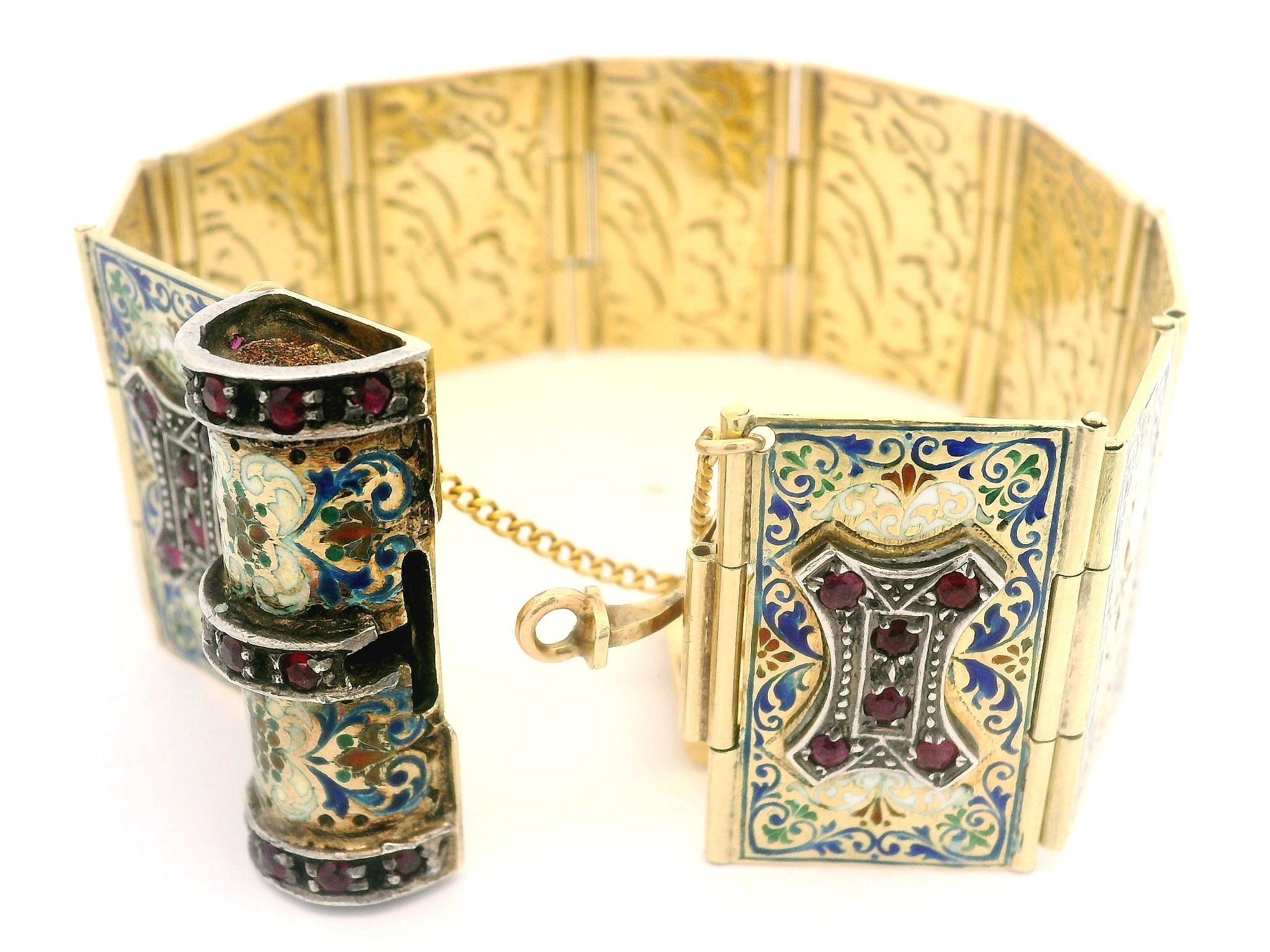 Vintage Gold Silver Multi Color Enamel Engraved Poem Foldable Book Bracelet In Good Condition In Montclair, NJ