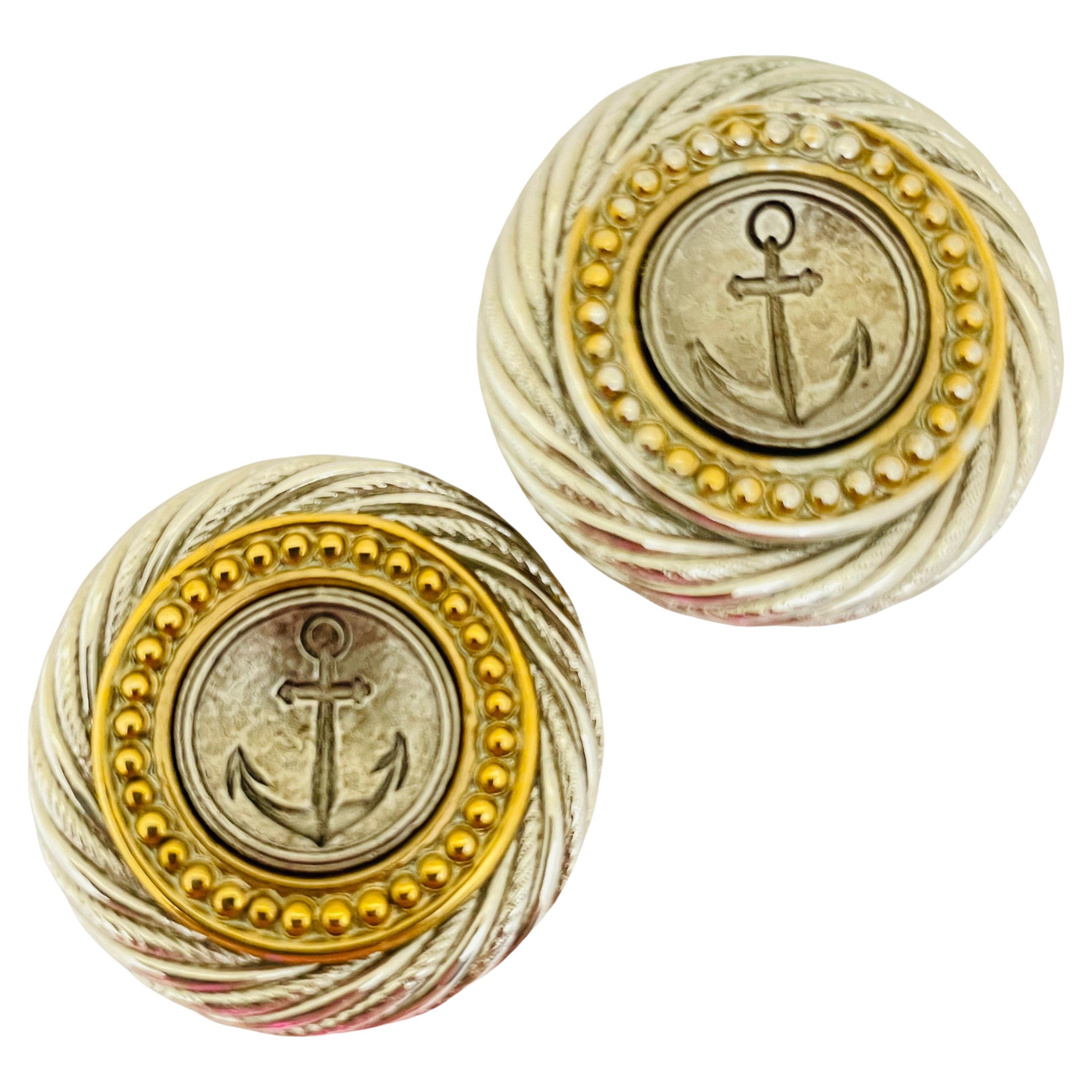 Vintage gold silver nautical coin designer runway clip on earrings For Sale