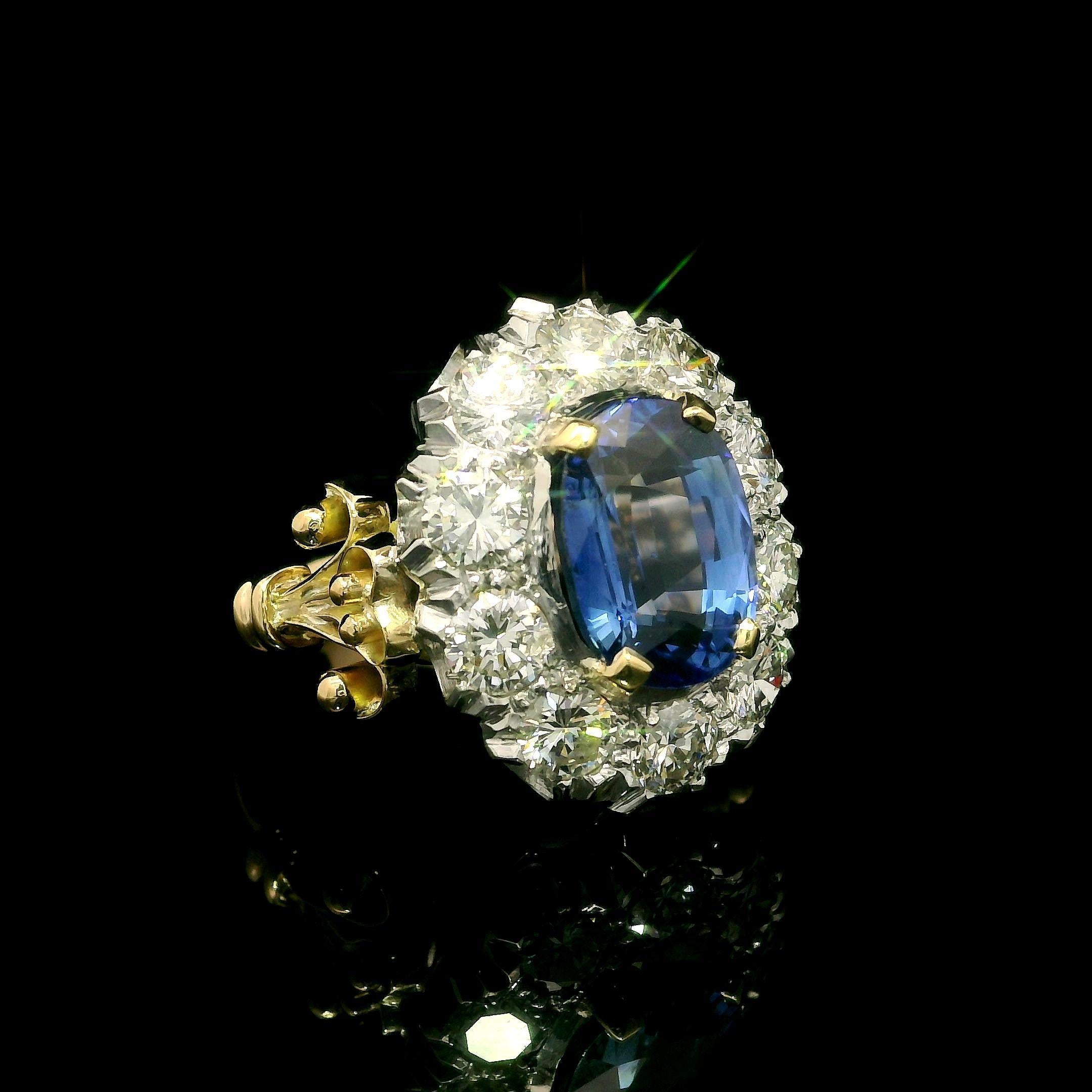 Zafiro Vintage Oro Plata y Paladio GIA 6,31ctw  Anillo de diamantes en venta 2