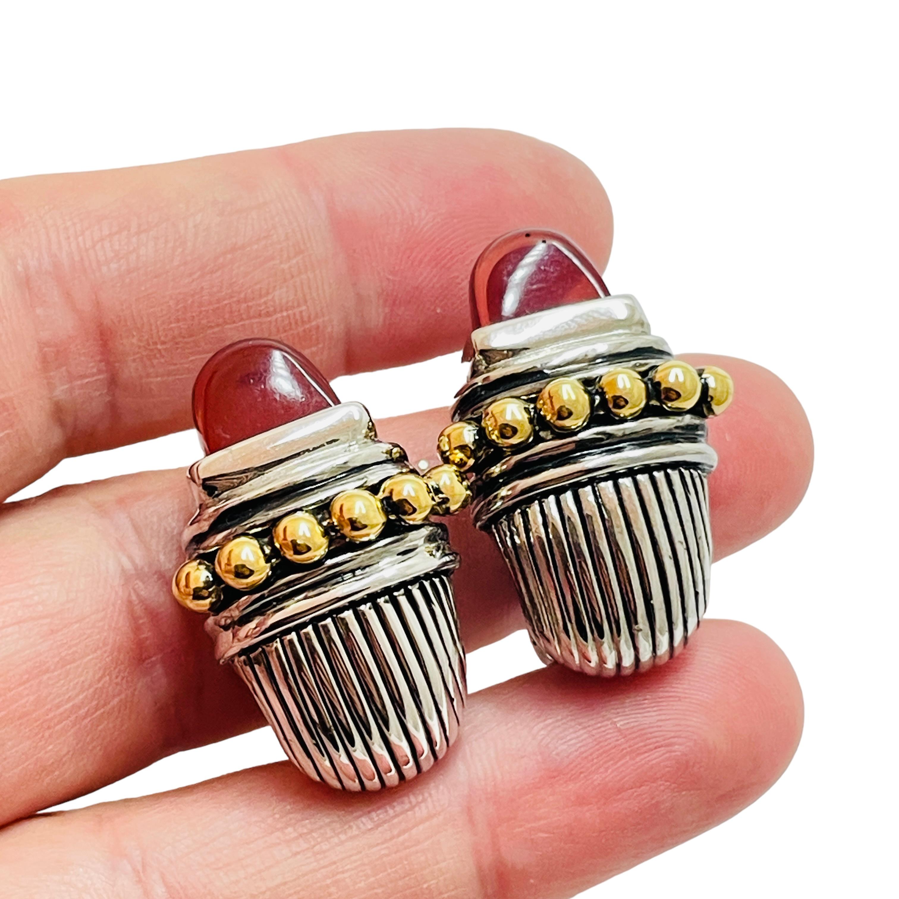 Women's or Men's Vintage gold silver red glass clip on designer earrings For Sale