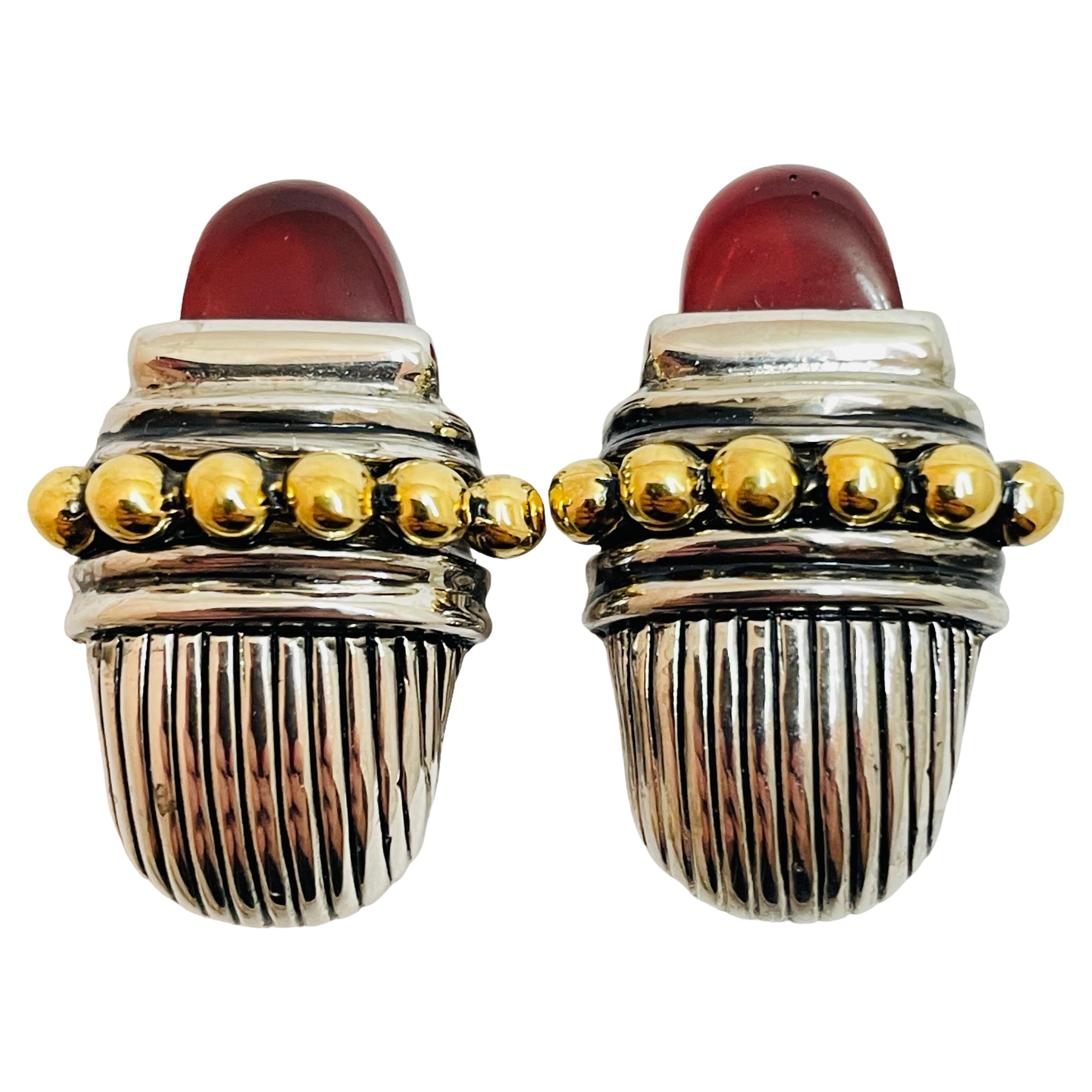 Vintage gold silver red glass clip on designer earrings For Sale