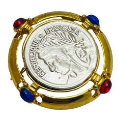 Vintage gold silver republique francause faux coin jewel designer brooch