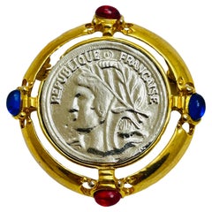 Vintage gold silver republique francause faux coin jewel designer brooch