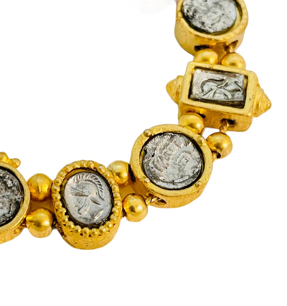 Vintage gold silver roman coin charm Etruscan bracelet In Good Condition In Palos Hills, IL