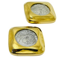 Vintage gold silver tone coin etruscan designer clip on earrings
