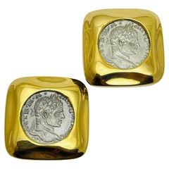 Vintage Gold Silber Ton Münze etruskischen Designer Clip auf Ohrringe