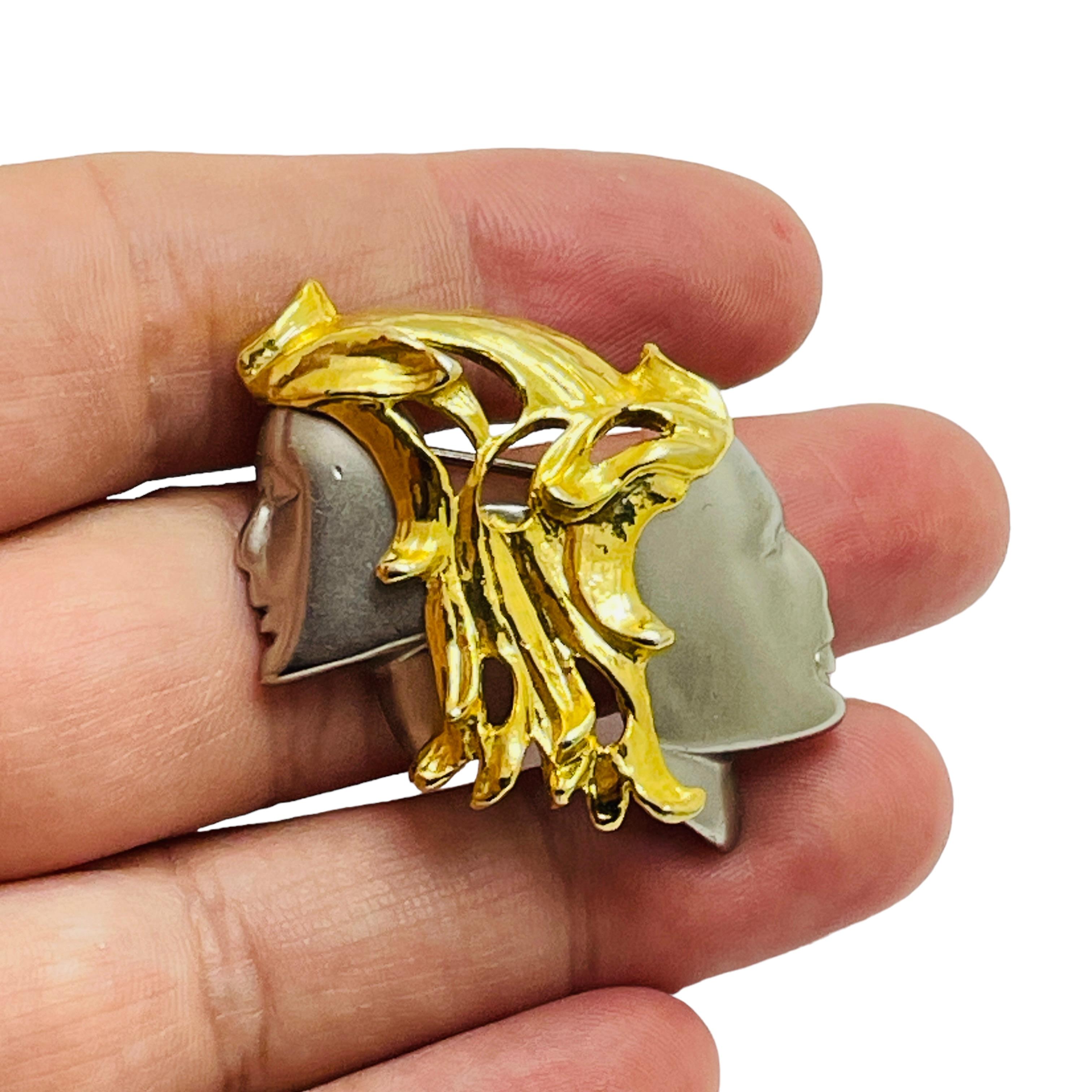 Broche de designer moderniste vintage double face en or et argent en vente 1