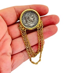 Vintage gold silver tone Etruscan byzantine coin dangle chains brooch