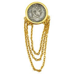 Vintage gold silver tone Etruscan byzantine coin dangle chains brooch Vintage gold silver tone Etruscan byzantine coin dangle chains brooch