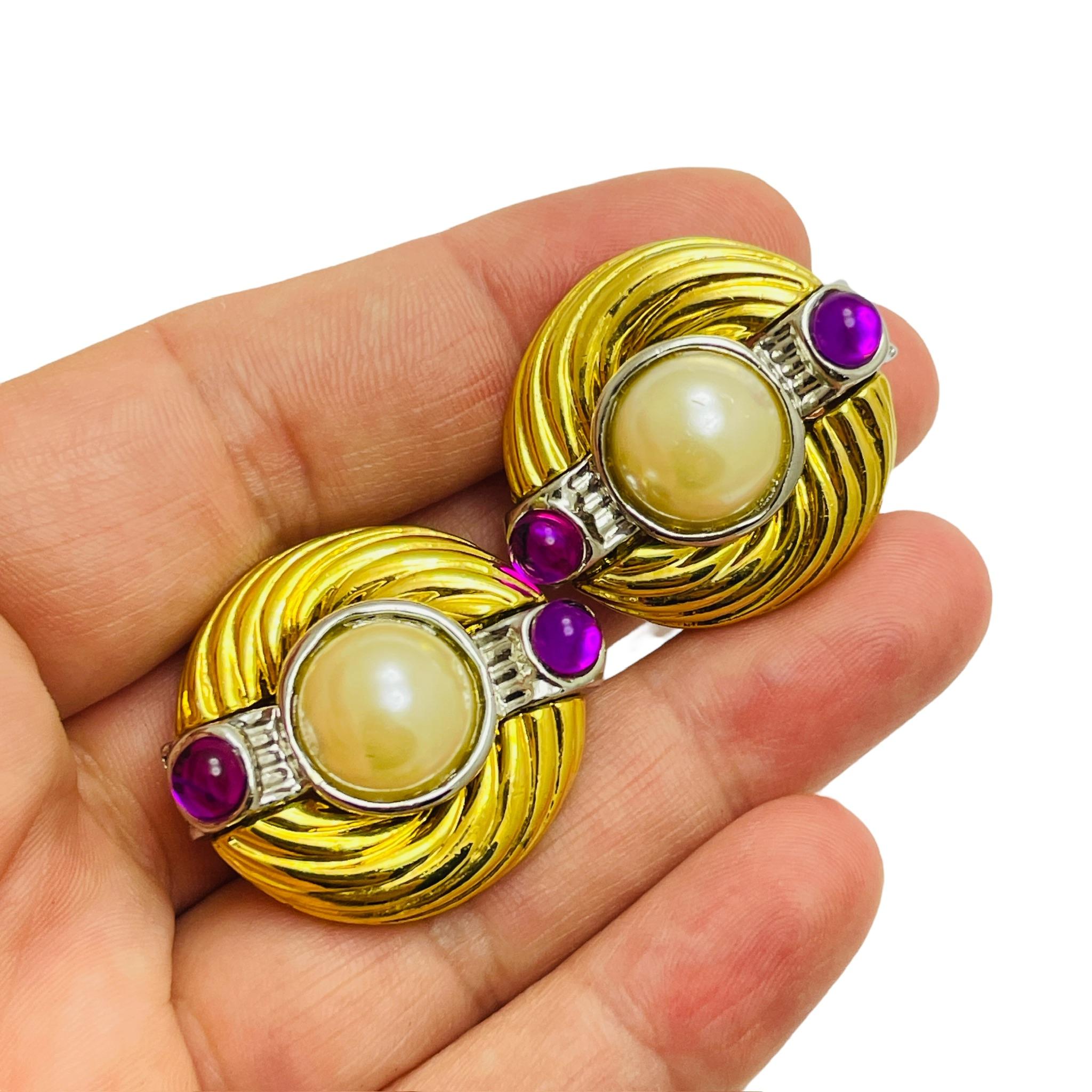 Women's Vintage gold silver tone faux pearl purple cabs designer clip on earrings For Sale