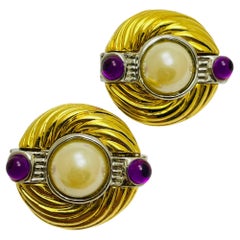 Vintage gold silver tone faux pearl purple cabs designer clip on earrings