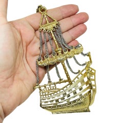 Vintage gold silver tone huge ship pendant chain designer necklace