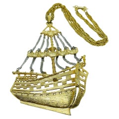 Vintage gold silver tone huge ship pendant chain designer necklace