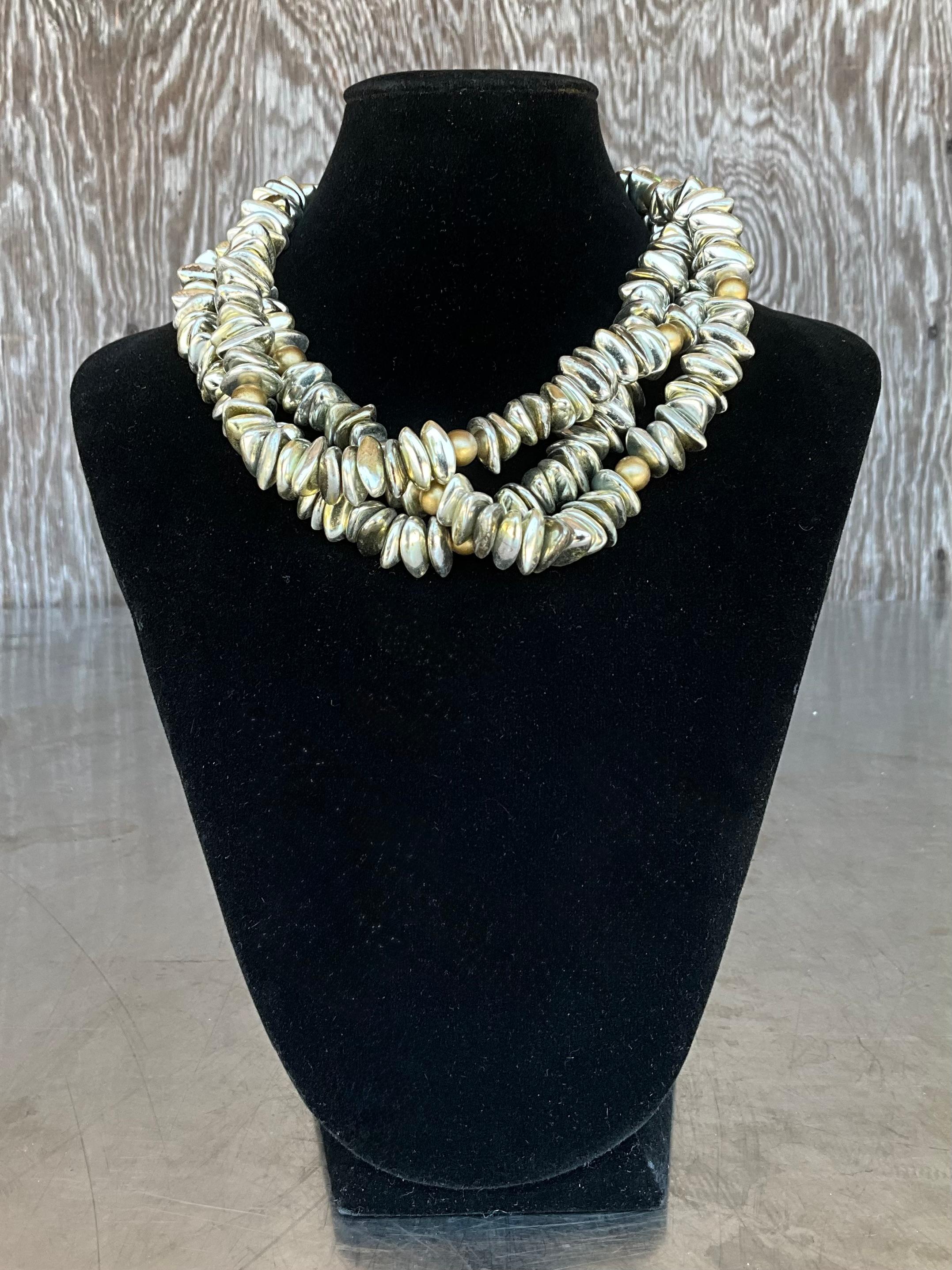 da uomo o donna Collana di perline vintage a più fili in tonalità oro e argento in vendita