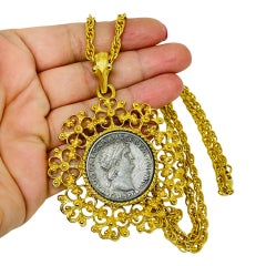 Vintage gold silver tone old coin pendant chain designer necklace