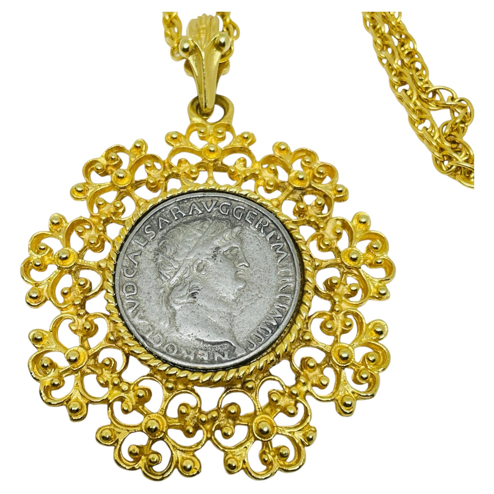 Vintage gold silver tone old coin pendant chain designer necklace