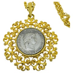 Vintage gold silver tone old coin pendant chain designer necklace