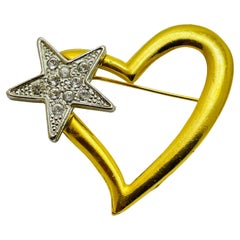 Vintage gold silver tone rhinestone heart star designer brooch