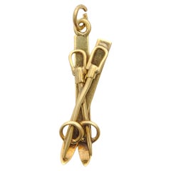 Retro Md-Century 1950's Gold Ski and Ski Poles Charm Pendant