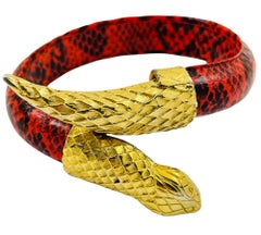 Vintage gold snake faux red black leather bangle bracelet