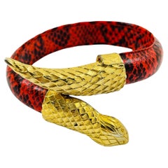 Vintage gold snake faux red black leather bangle bracelet