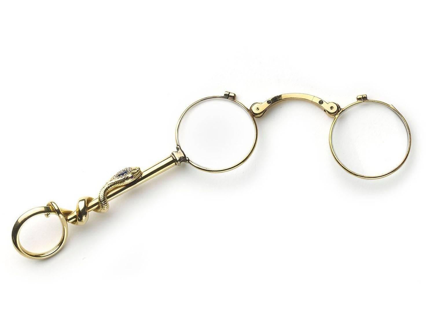Art Deco Vintage Gold Snake Lorgnette with Sapphire, Ruby and Diamond, Circa 1940