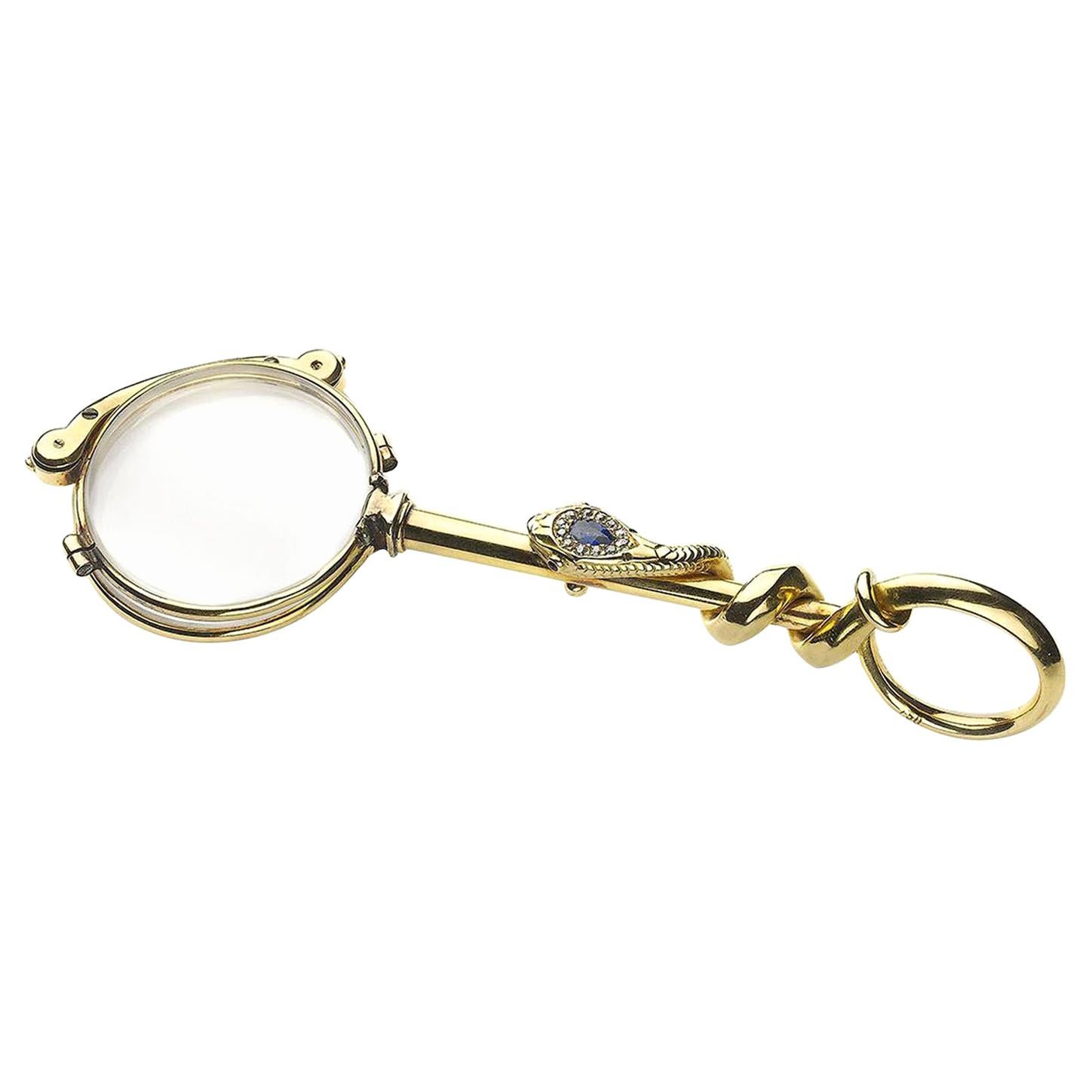 Vintage Gold Snake Lorgnette with Sapphire Ruby and Diamond, Circa 1940