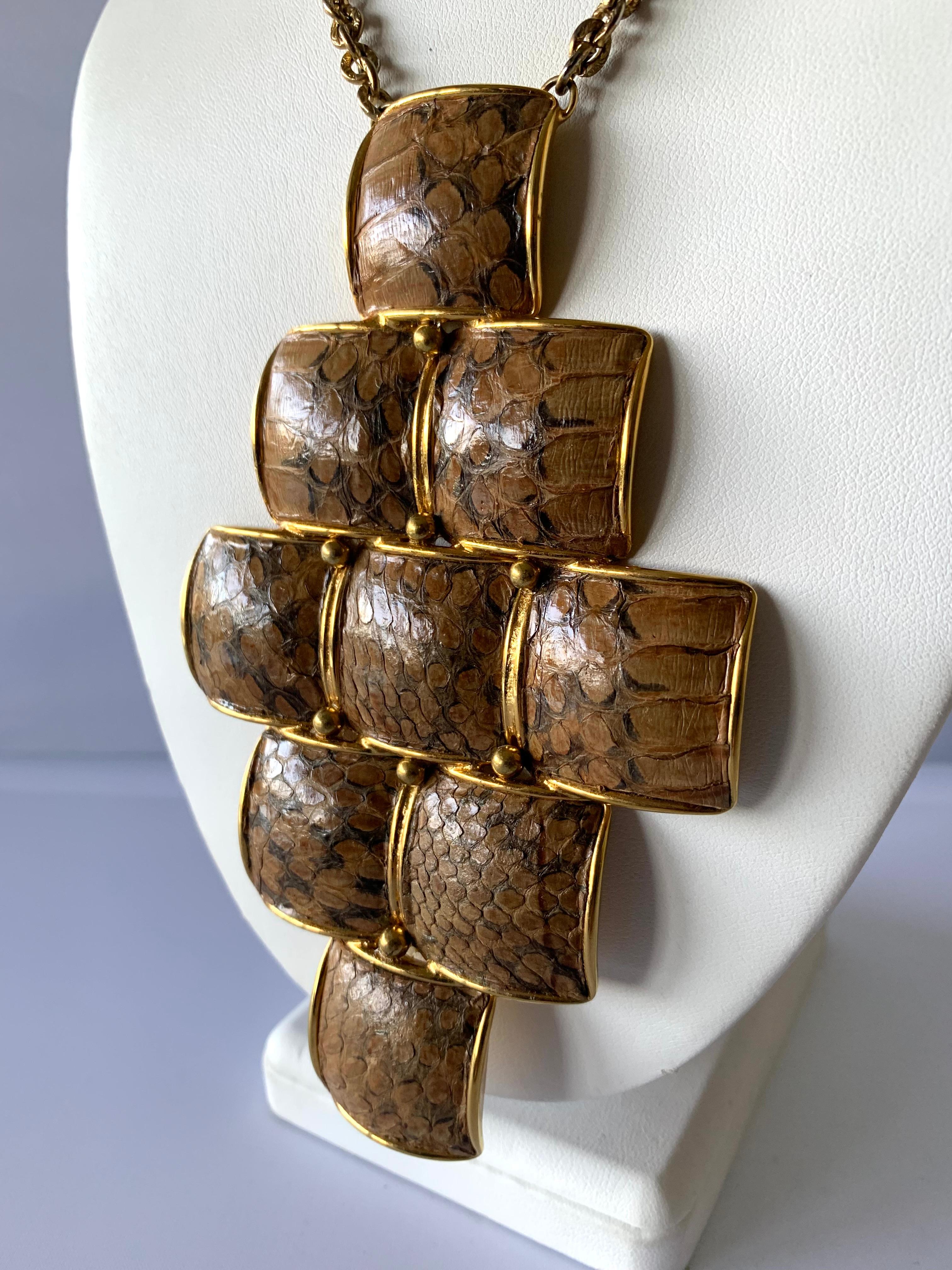 Contemporary Vintage Gold Snakeskin Modernist Geometric Pendant Necklace