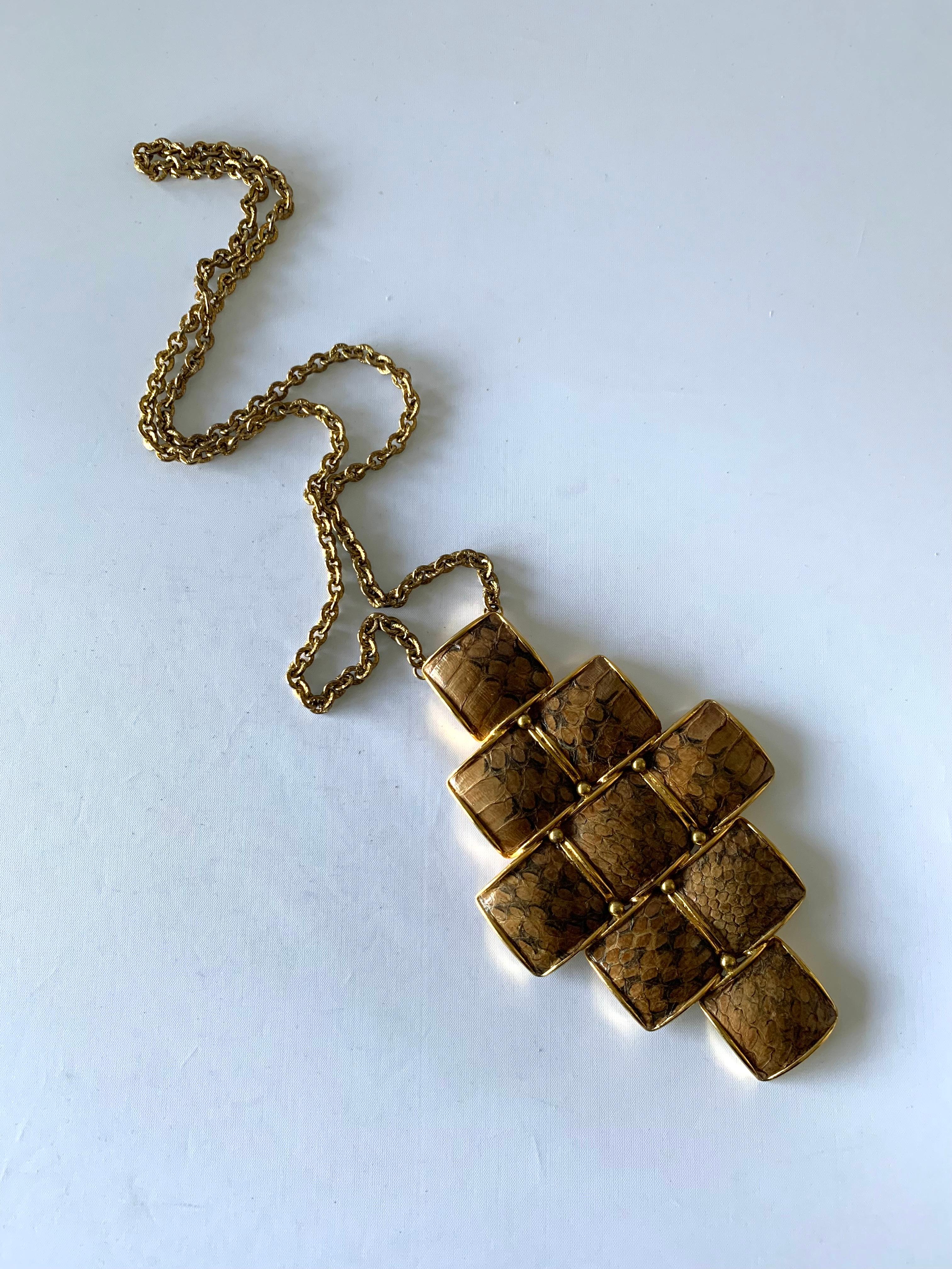 Women's or Men's Vintage Gold Snakeskin Modernist Geometric Pendant Necklace