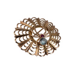 Vintage Gold Spider Web Brooch 0.78 Carat Zircon and Ruby Gemstone, circa 1950s