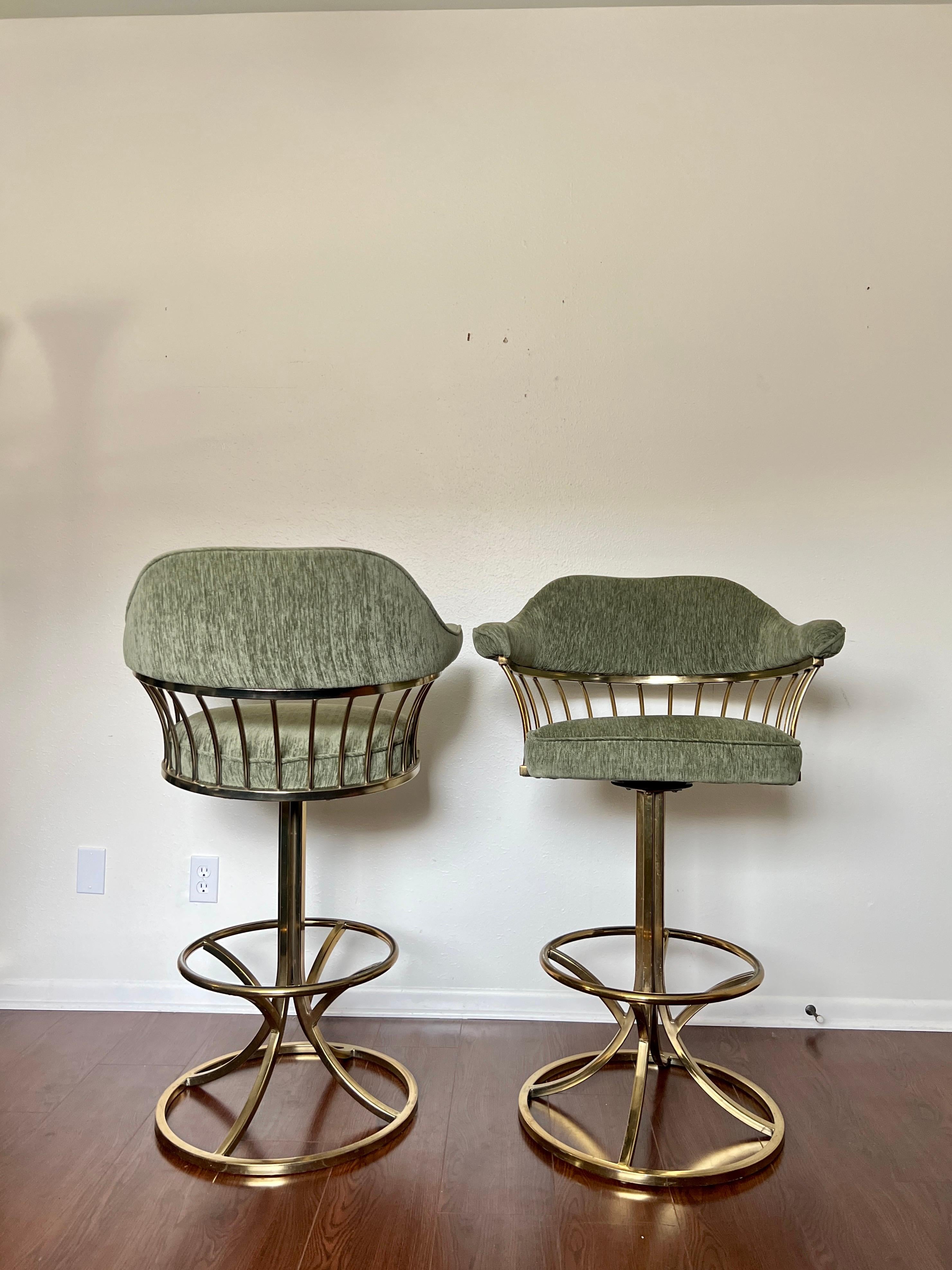 Unknown Vintage gold swivel barstools with the original velvety fabric, circa 1970s