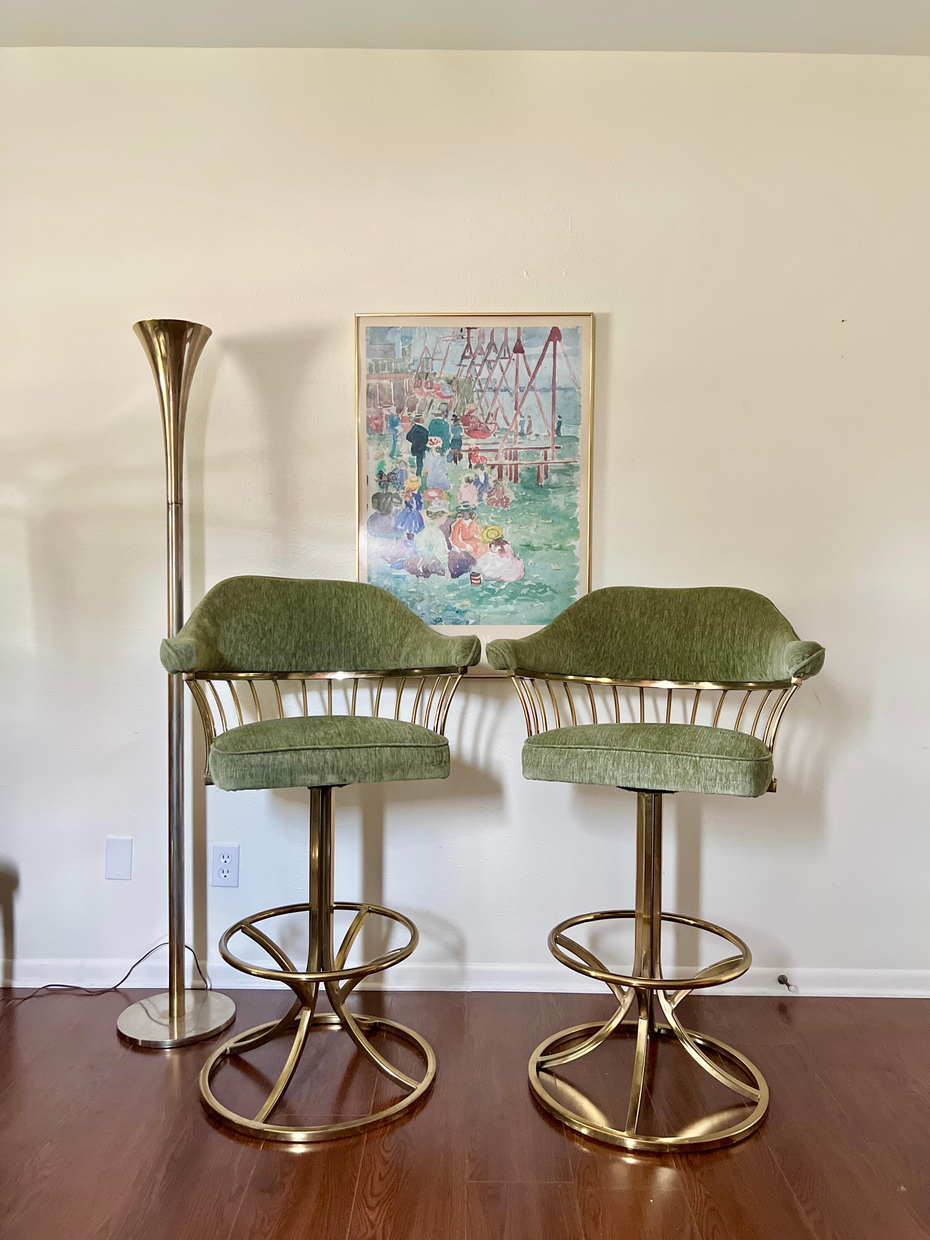 Late 20th Century Vintage gold swivel barstools with the original velvety fabric, circa 1970s