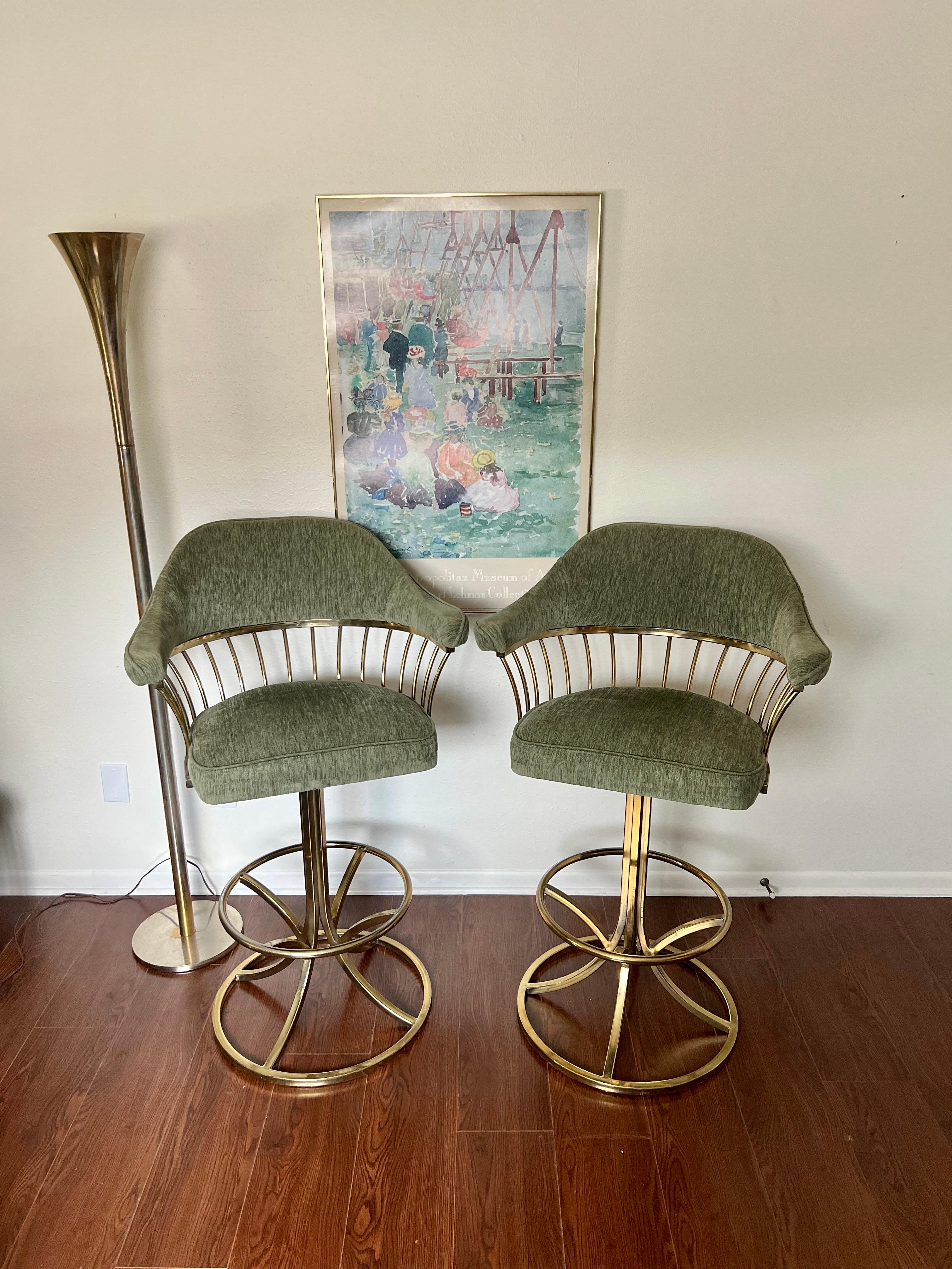 Metal Vintage gold swivel barstools with the original velvety fabric, circa 1970s