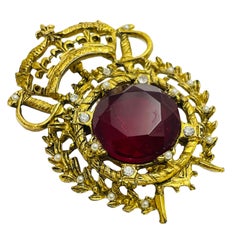 Vintage gold swords crown shield ruby glass designer brooch