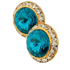 Vintage gold teal rivioli glass clear rhinestones designer earrings