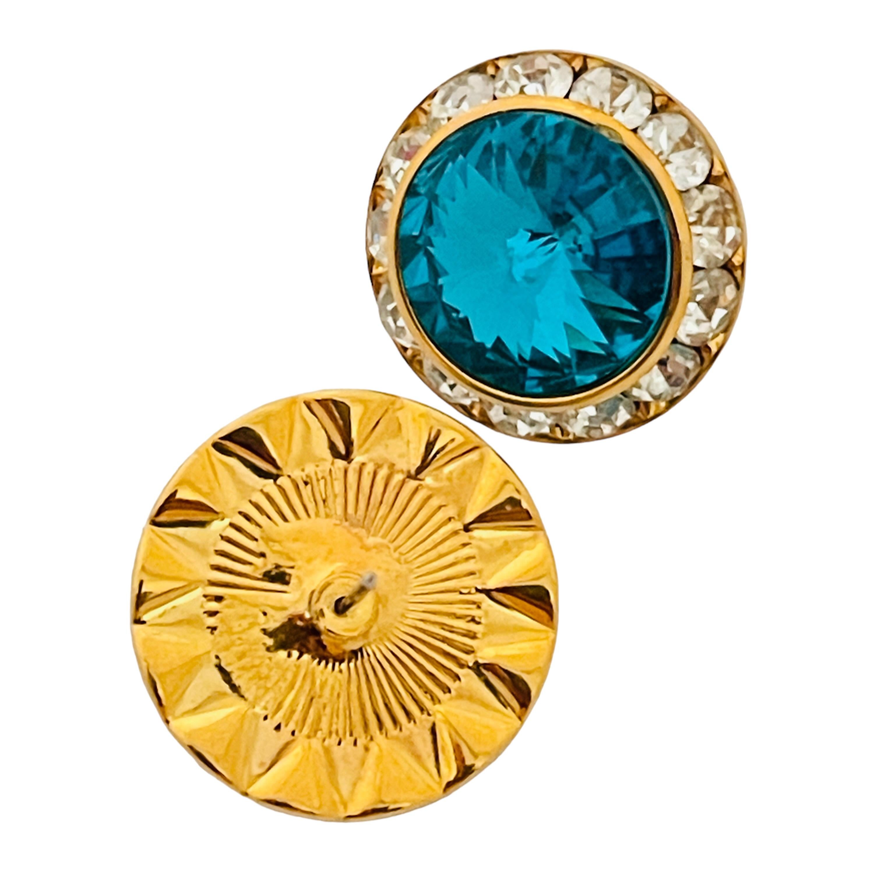 Vintage gold teal rivioli glass clear rhinestones designer earrings In Good Condition For Sale In Palos Hills, IL