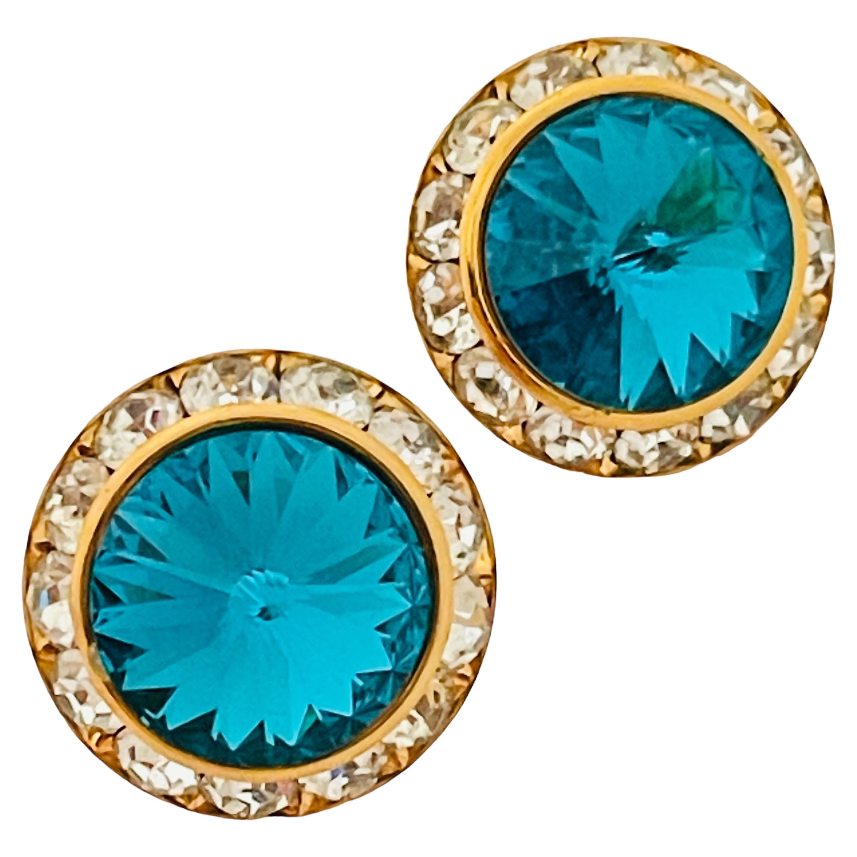 Vintage gold teal rivioli glass clear rhinestones designer earrings For Sale