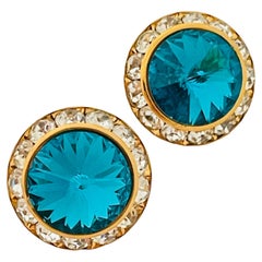 Vintage gold teal rivioli glass clear rhinestones designer earrings