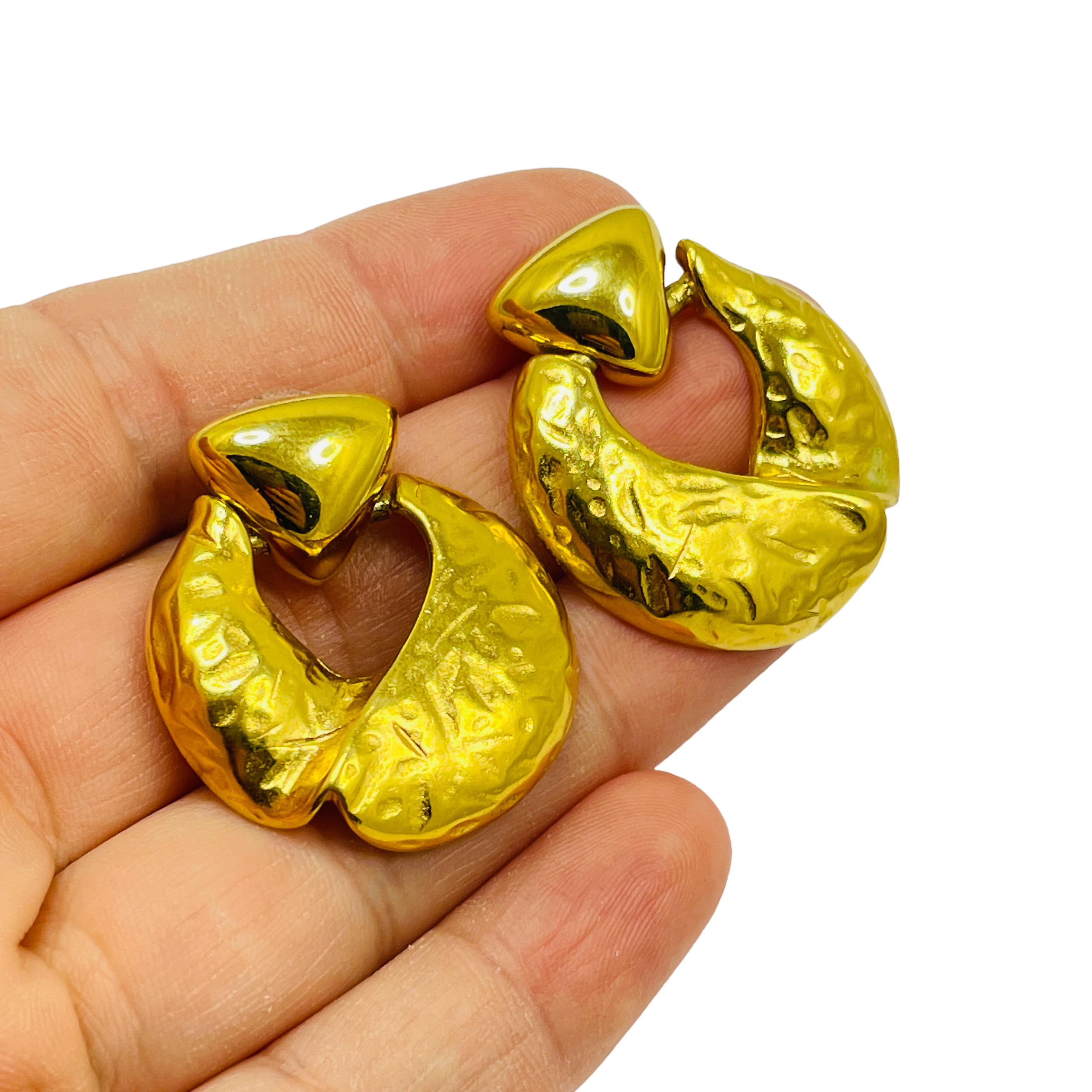 Women's or Men's Vintage gold textured door knocker designer pierced earrings For Sale