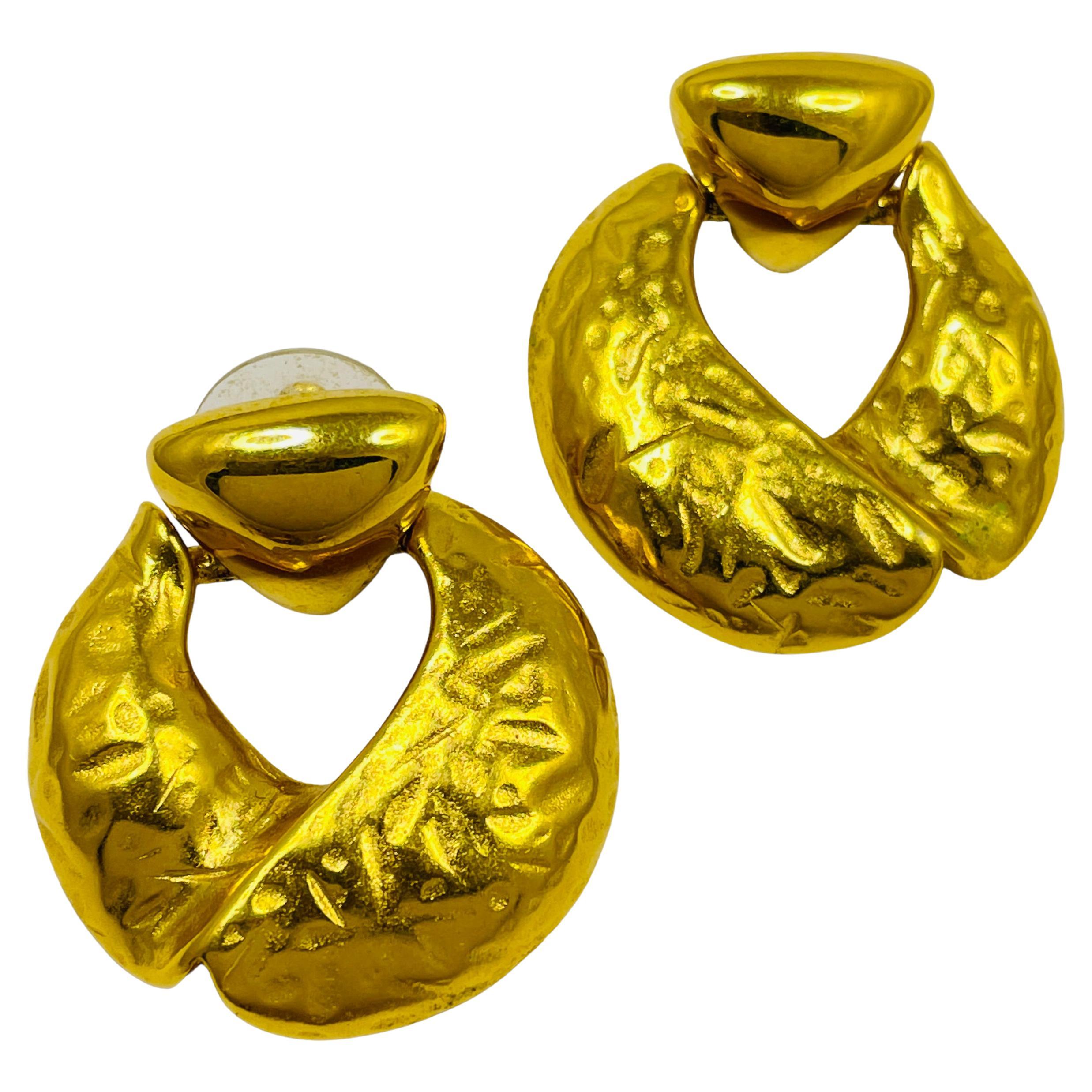 Vintage gold textured door knocker designer pierced earrings For Sale