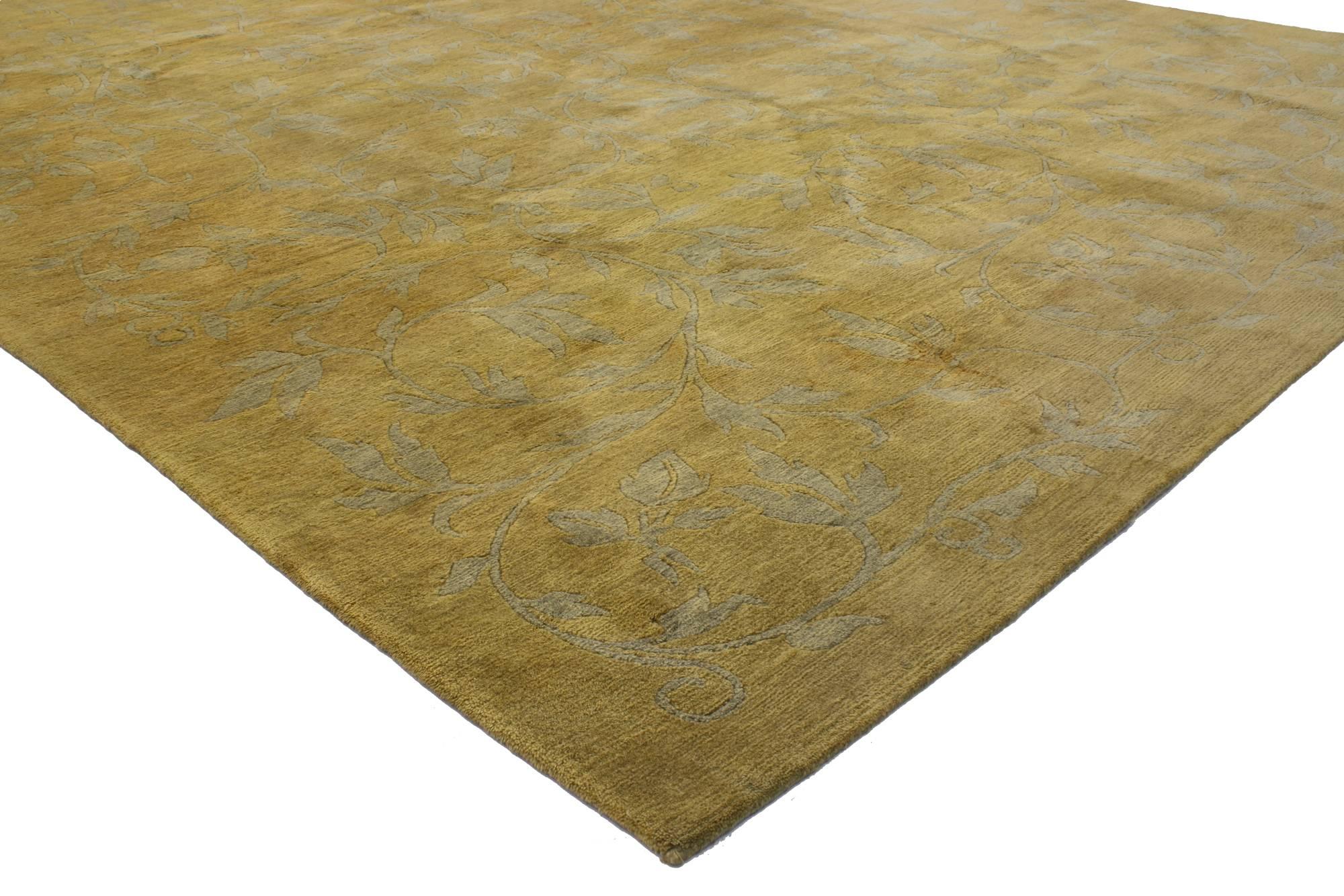 Hand-Knotted Vintage Gold Tibetan Area Rug with Modern Traditional Style For Sale